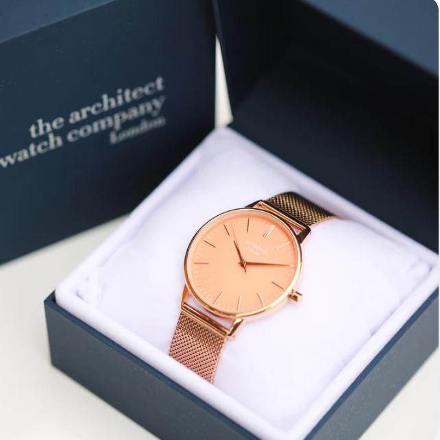 Personalise rose gold watch showing engraving in own handwriting and gift boxed