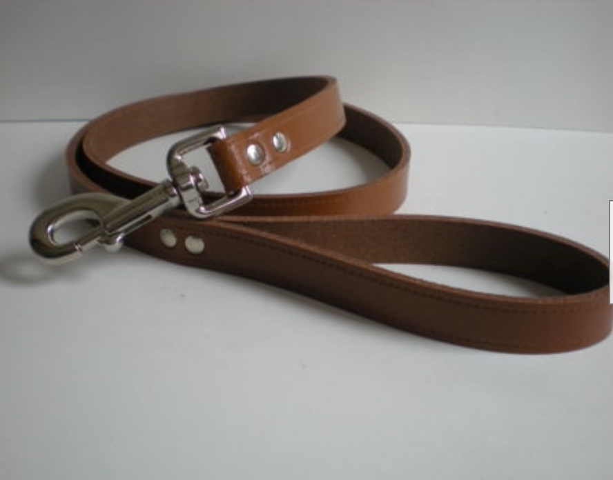 Tan 35" leather dog lead, matching collar available.