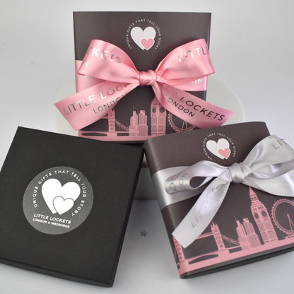 your pendant will arrive in a branded gift box or upgrade to a London skyline wrap and a hand tied ribbon in pink or grey.