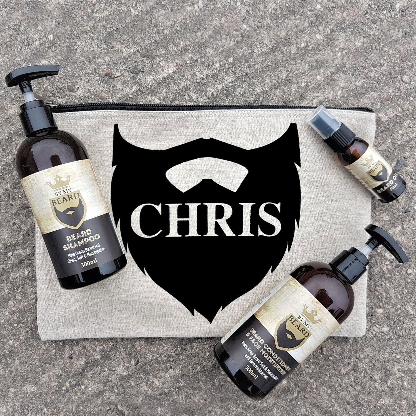 Personalised padded canva bag with beard decoration contains three products for beard and face