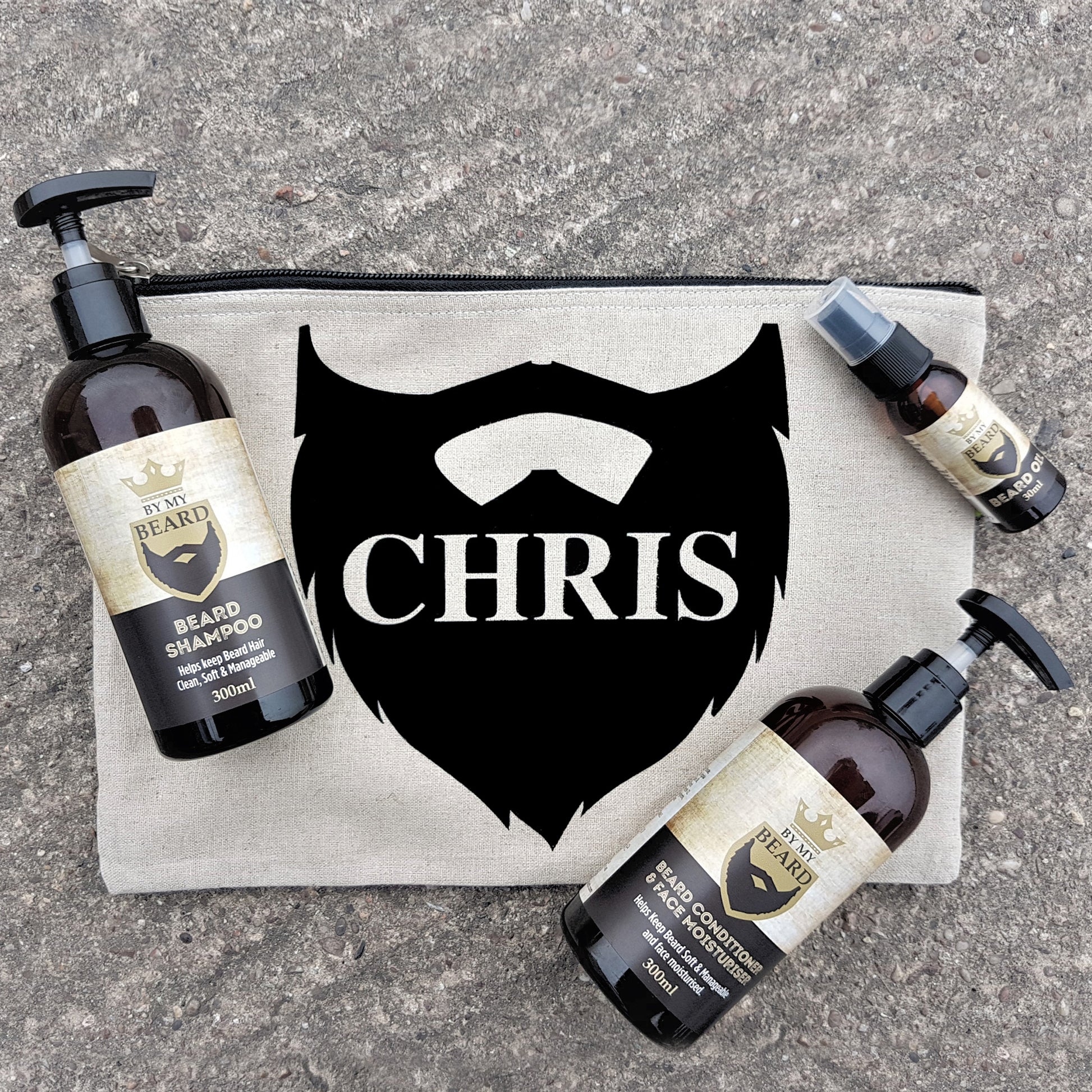Personalised padded canva bag with beard decoration contains three products for beard and face