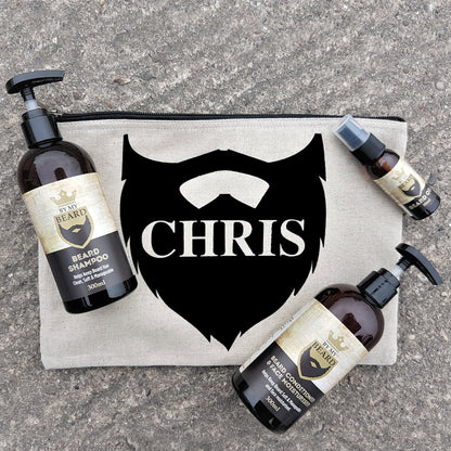 Personalised padded canva bag with beard decoration contains three products for beard and face