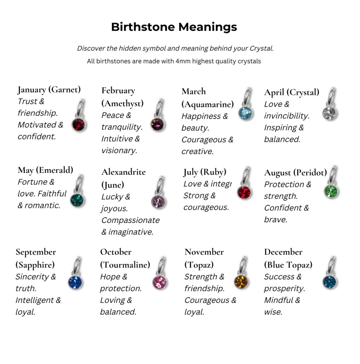 Sterling silver and highest quality crystal birthstones. Their month and meaning are shown in the description chart