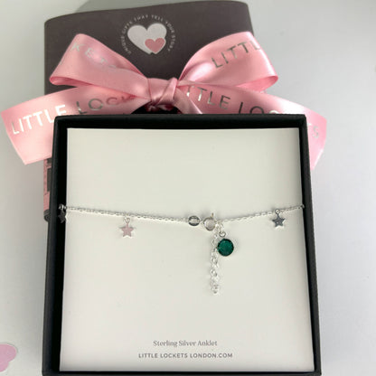 Boho Star Sterling Silver Anklet with Crystal Birthstone Charm. Crafted from sterling silver with flat cable chain links to sit comfortably. A secure fit, thanks to its 9 inch chain and a 1 inch extender.