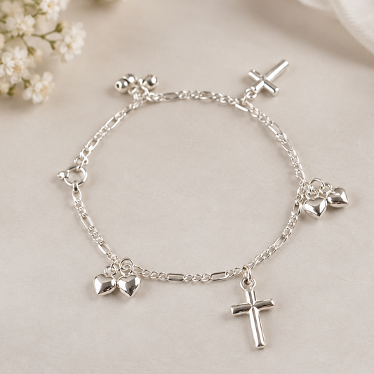 Sterling silver bracelet for child with crosses and heart charms