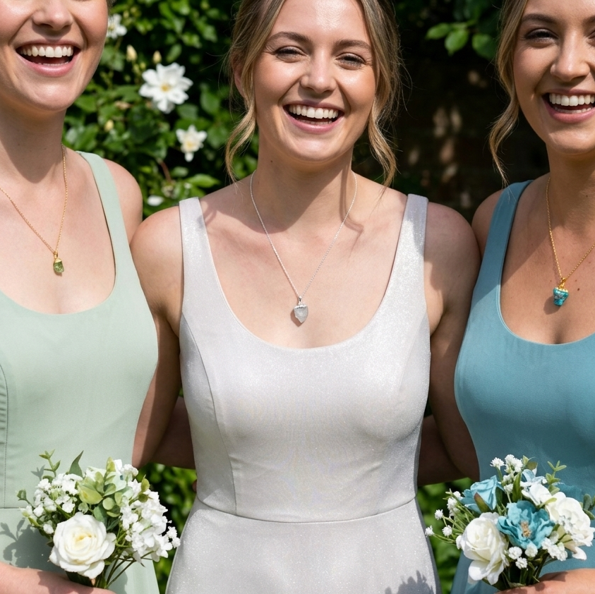 Bridesmaids wear crystal natural pendants in choice of colours