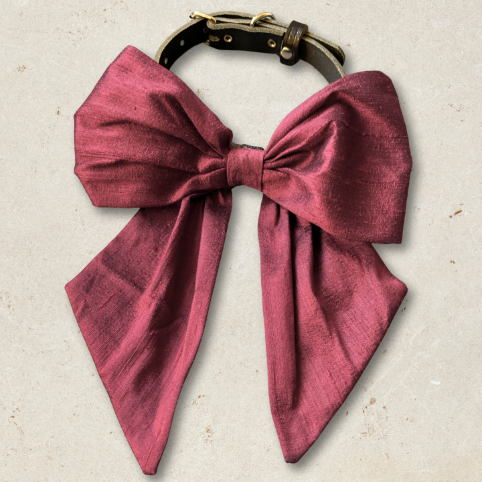 100% silk dupion burgundy red  sailor bow on leather collar with optional ring bearer clasp