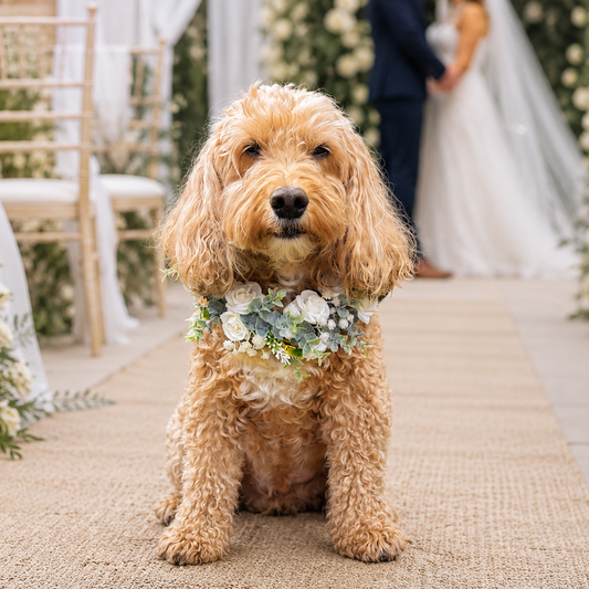 Medium size Cockapoo wears a white leather dog collar with ivory flower garland wrapped around it.
