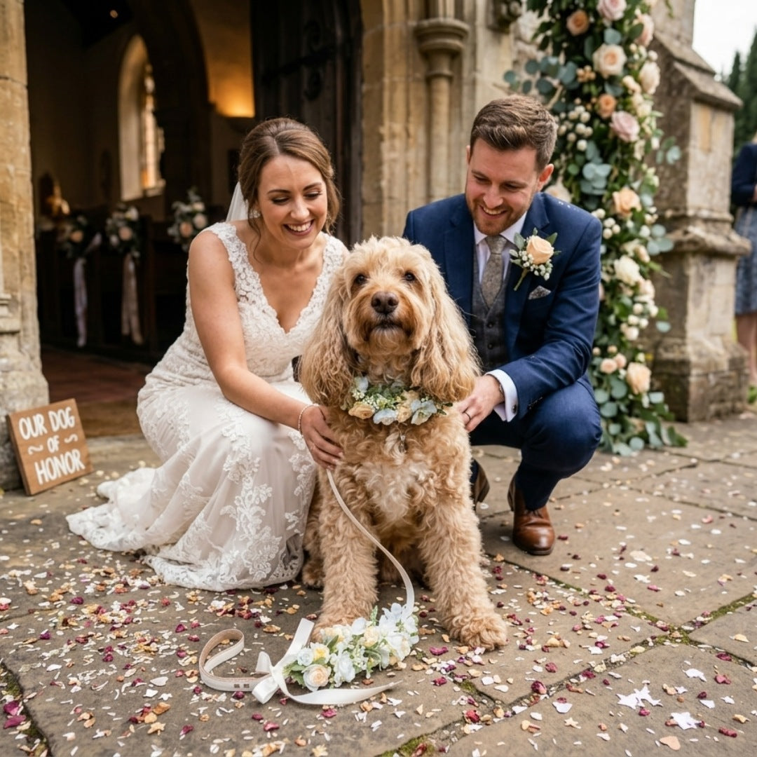 Bride and Groom with cockapoo dog wearing wedding collar with flower garland and matching floral lead set