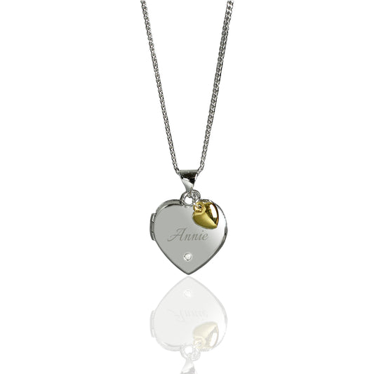 Personalised Sterling Silver & Gold Plated Diamond Heart Locket Necklace features a small inset diamond. Engraved