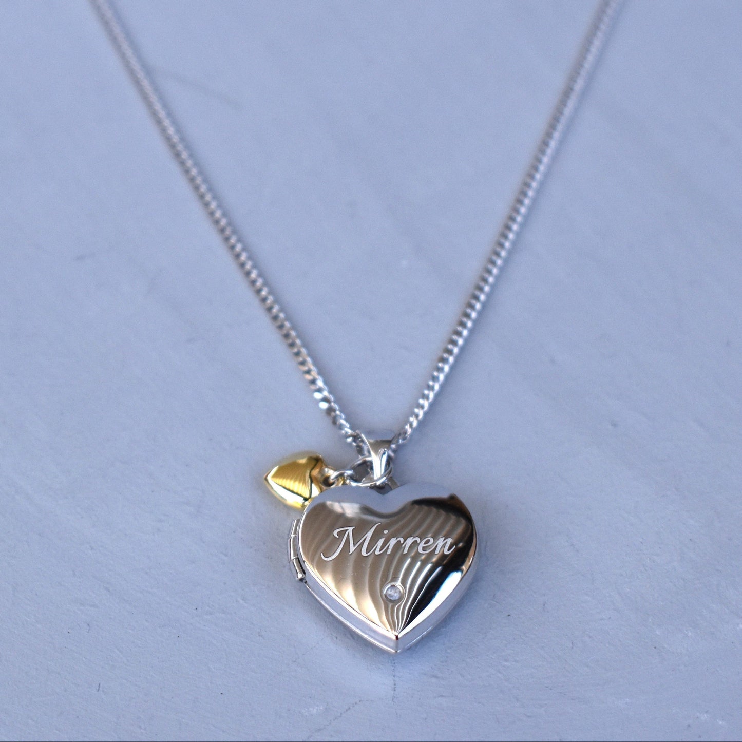 Personalised Sterling Silver & Gold Plated Diamond Heart Locket Necklace features a small inset diamond
