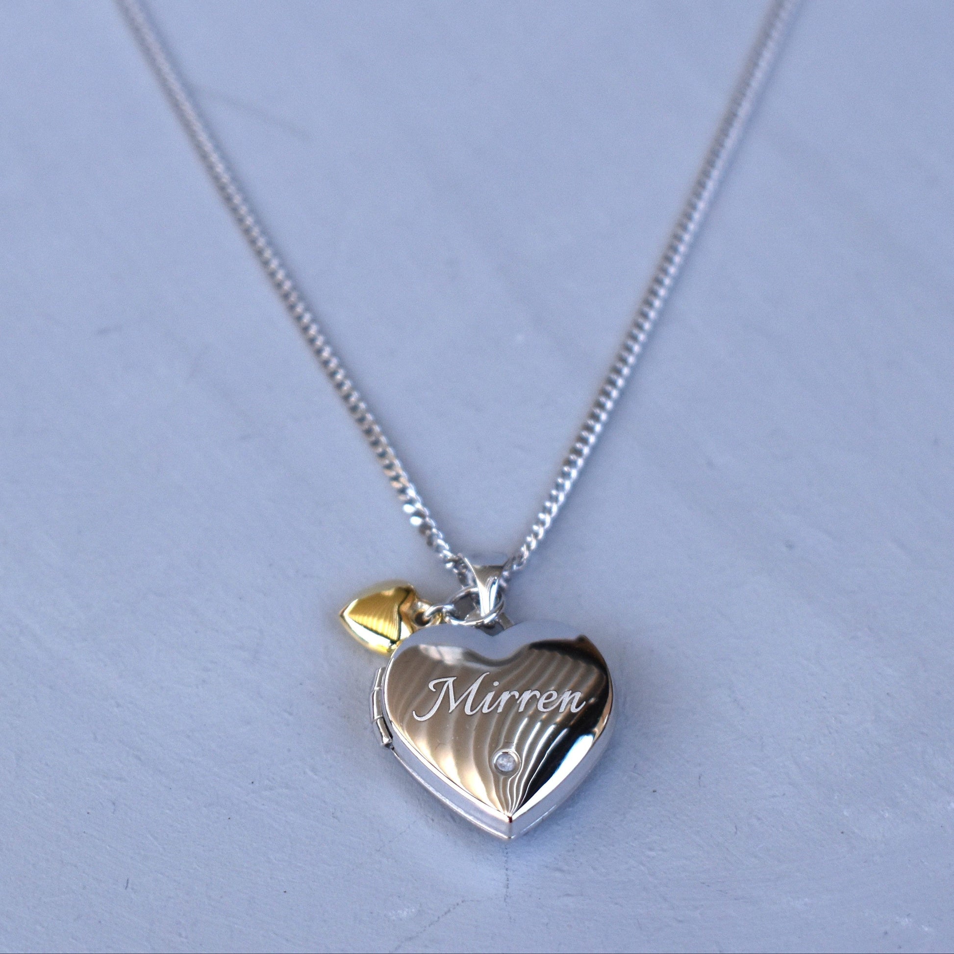 Personalised Sterling Silver & Gold Plated Diamond Heart Locket Necklace features a small inset diamond