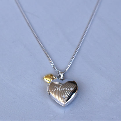 Personalised Sterling Silver & Gold Plated Diamond Heart Locket Necklace features a small inset diamond