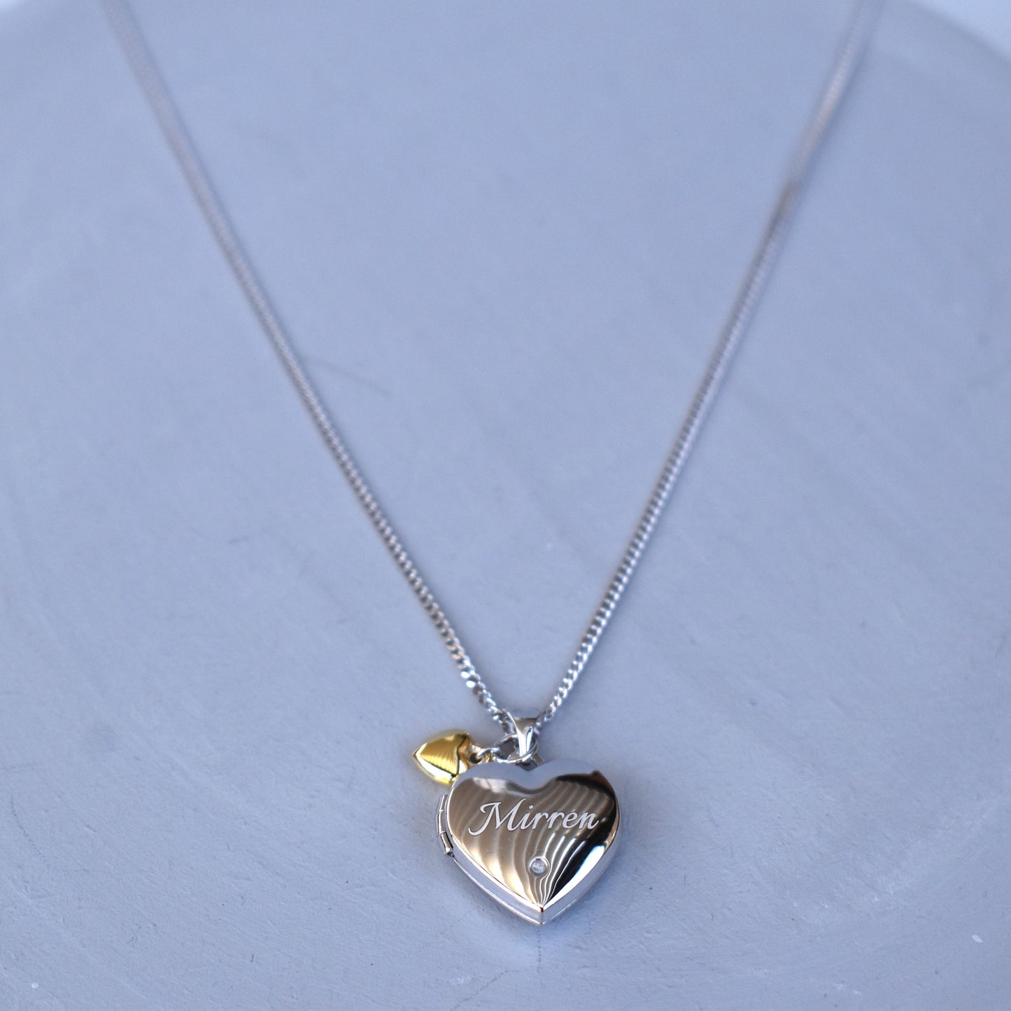Personalised Sterling Silver & Gold Plated Diamond Heart Locket Necklace features a small inset diamond