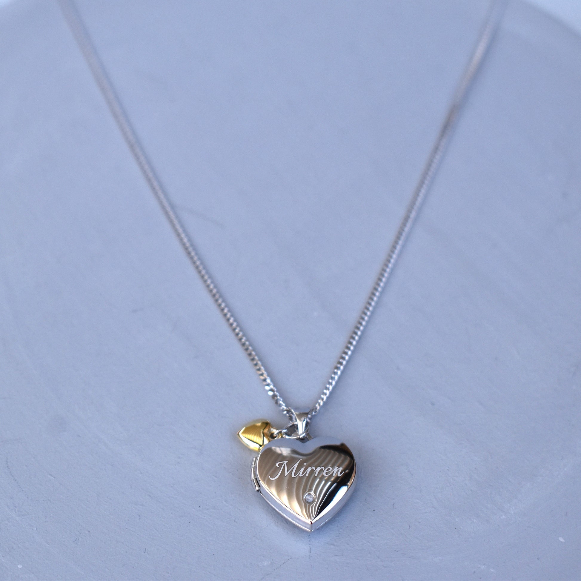 Personalised Sterling Silver & Gold Plated Diamond Heart Locket Necklace features a small inset diamond
