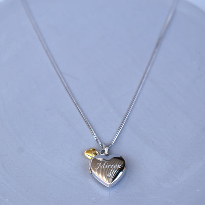 Personalised Sterling Silver & Gold Plated Diamond Heart Locket Necklace features a small inset diamond