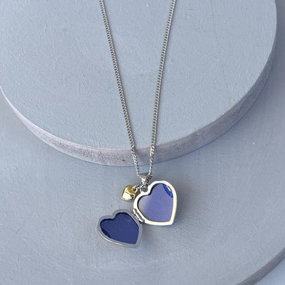Personalised Sterling Silver & Gold Plated Diamond Heart Locket Necklace features a small inset diamond shown open with two photo apertures