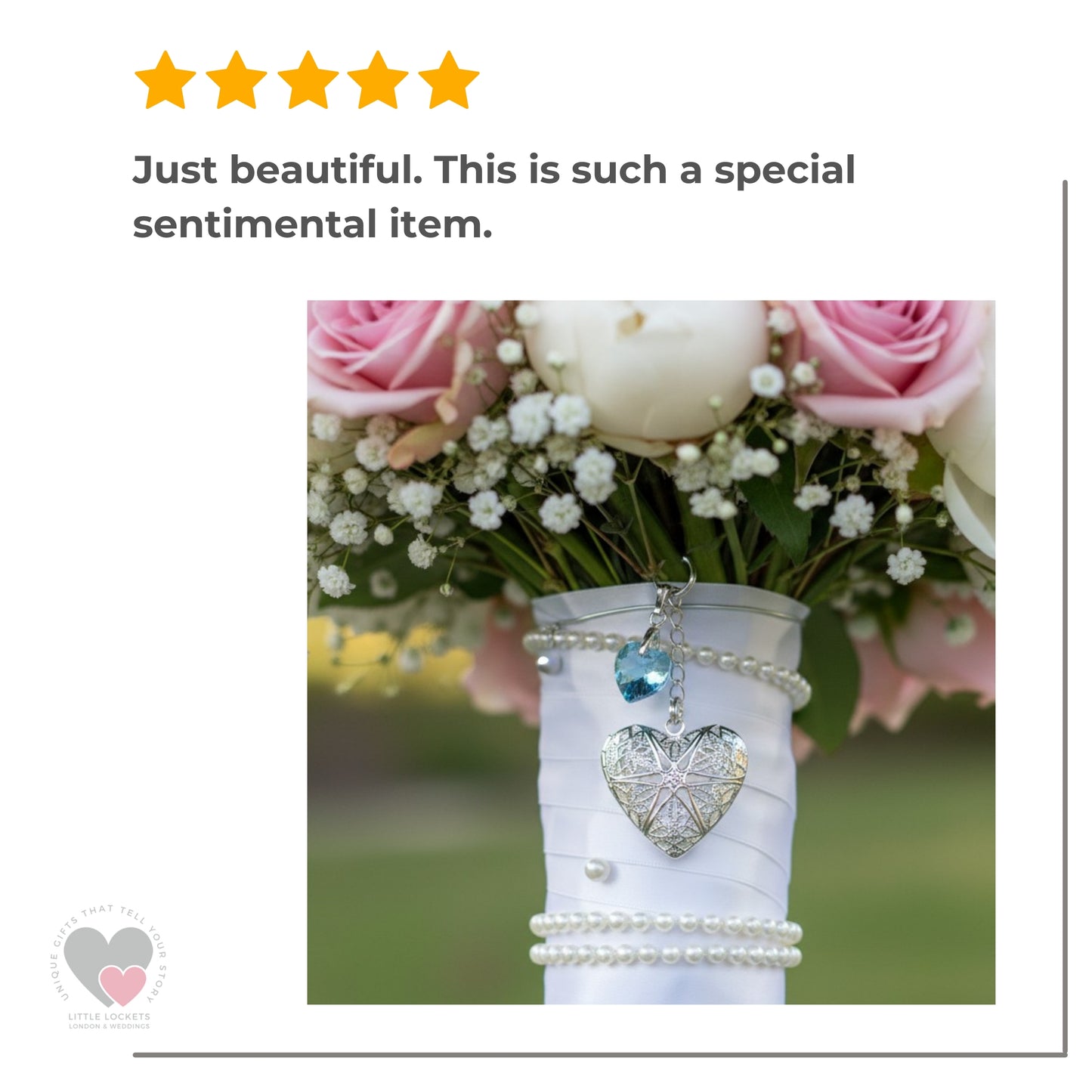 Wedding Bouquet Memorial Charm – Heart Locket with Blue Crystal Something Blue Charm