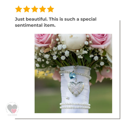 Wedding Bouquet Memorial Charm – Heart Locket with Blue Crystal Something Blue Charm