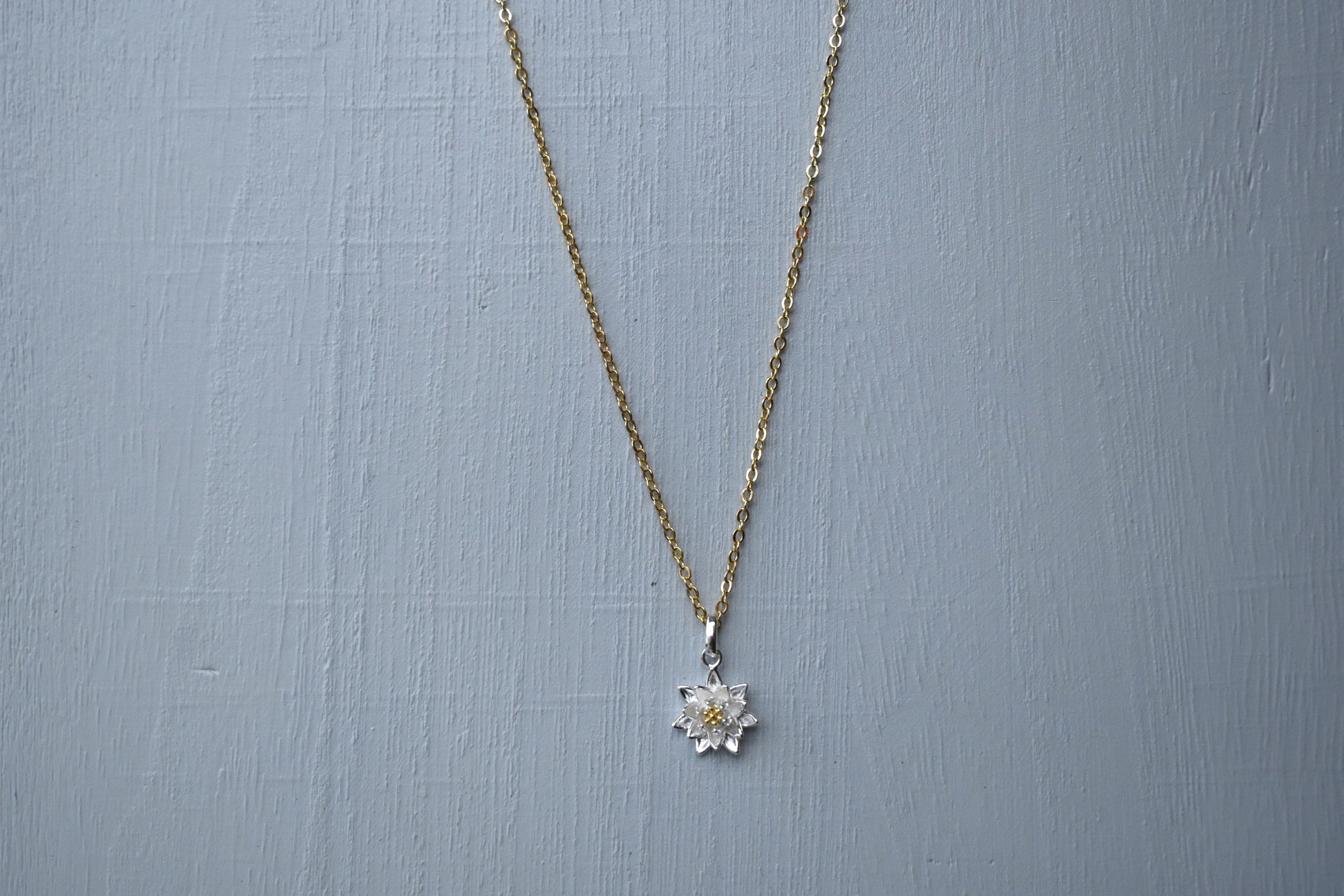 Necklace with a Daisy birth flower pendant on a gray background