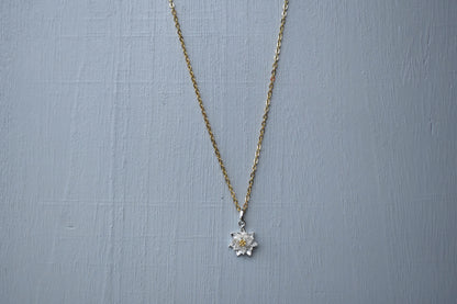 Necklace with a Daisy birth flower pendant on a gray background