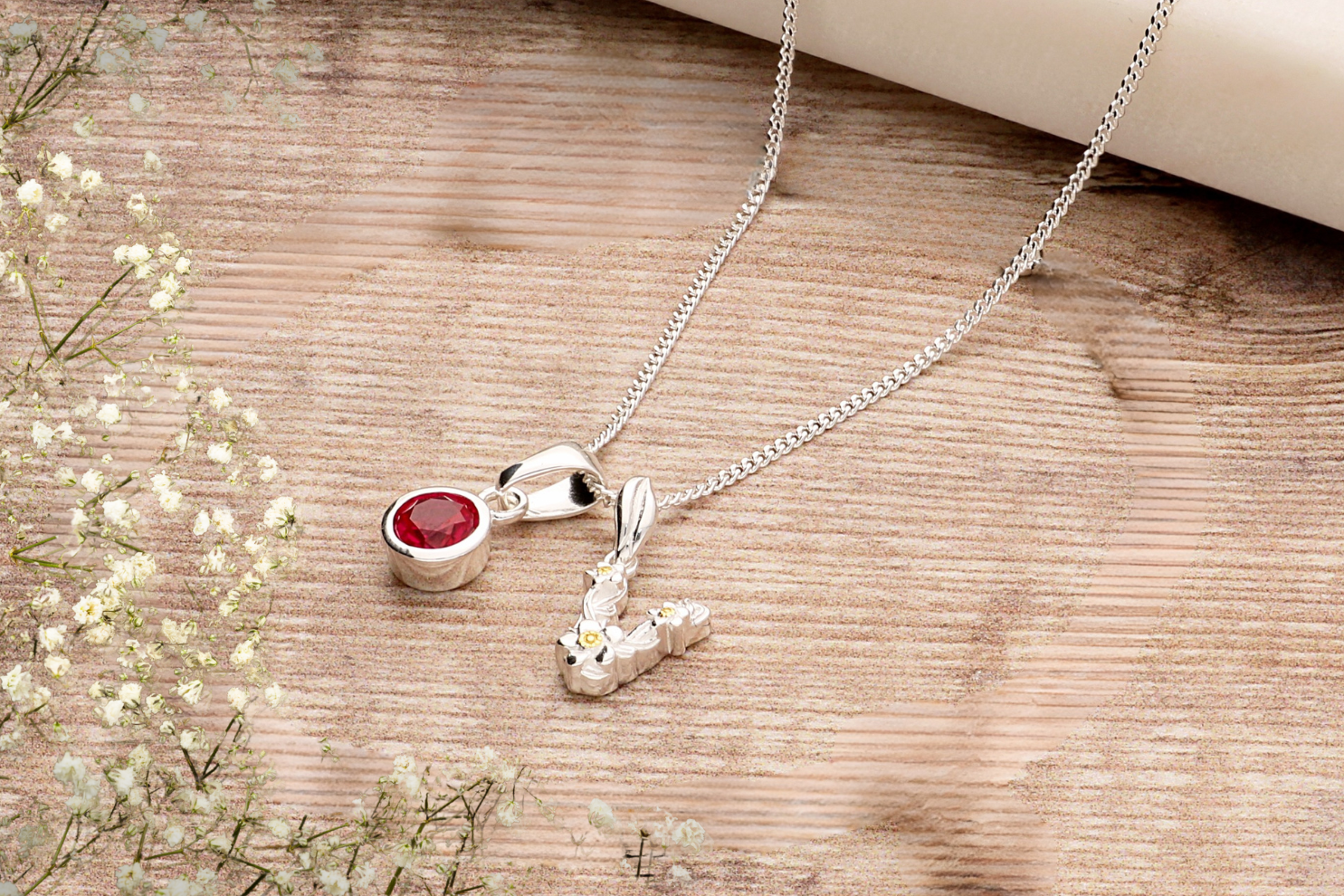 Alphabet Initial Pendant in two-tone sterling silver and 18ct yello gold plate shown with optional sterling silver and premium crystal birthstone