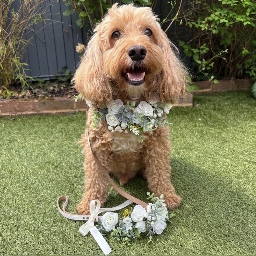Ivory flower garland collar and matching lead set .