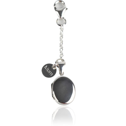 Sterling silver oval photo pocket locket shown with Spring clasp fastening and engraved round tag