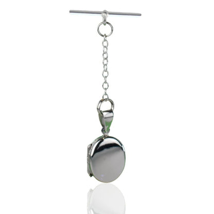 Sterling silver oval photo pocket locket shown with t bar fastening