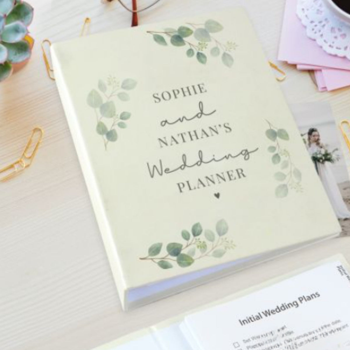 Leaf design wedding planner, personalised with the couples' names, secret garden wedding, botanical wedding, timeline
