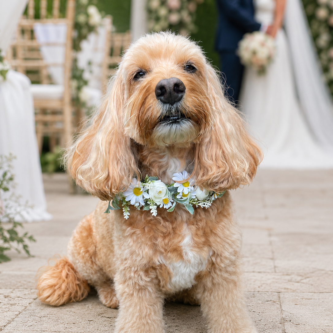 Medium size cockapoo wears dog wedding flower garland