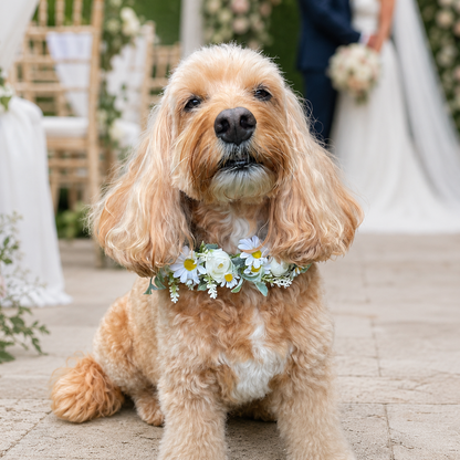 Medium size cockapoo wears dog wedding flower garland