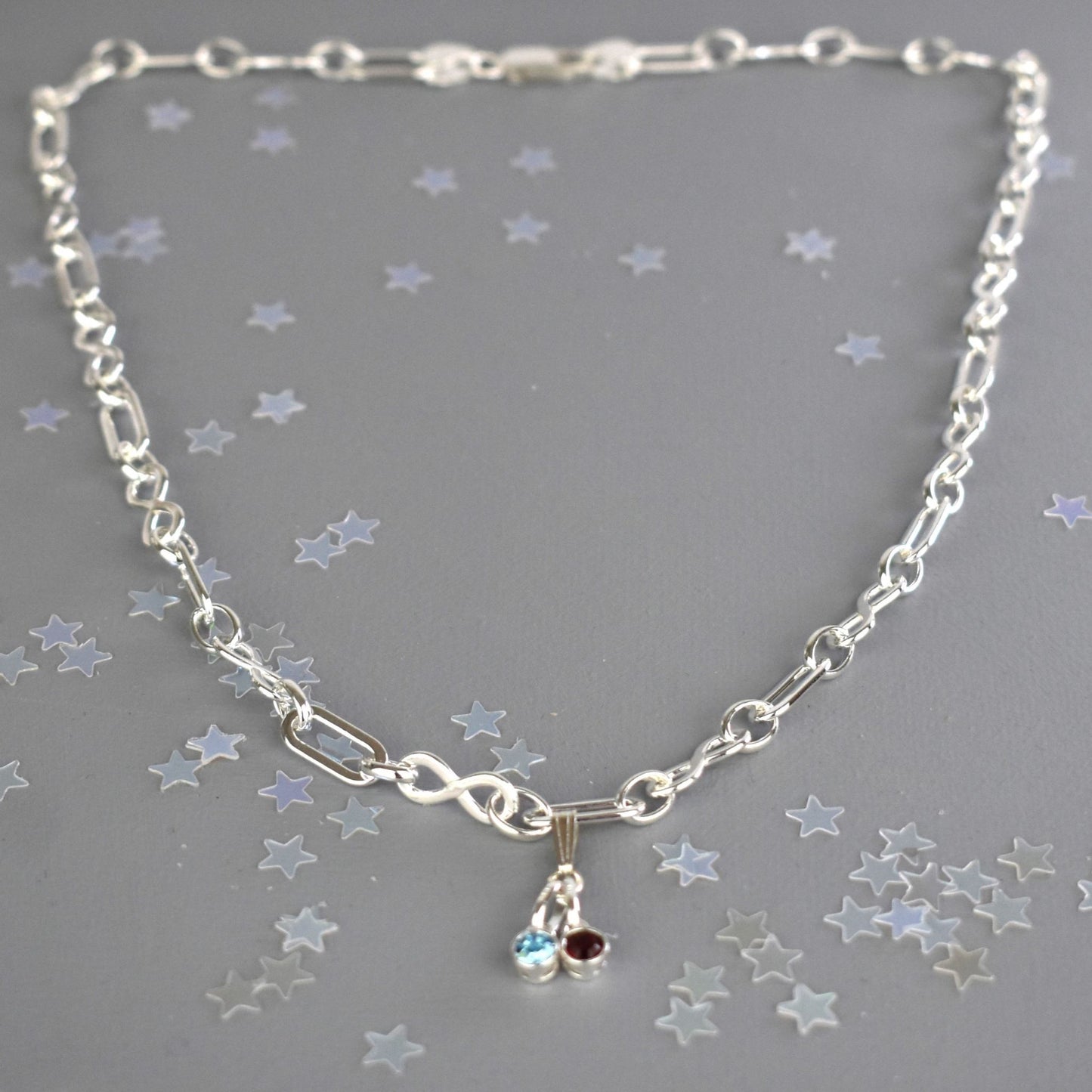 Inifinity and Flat Link Birthstone Necklace in Sterling Silver