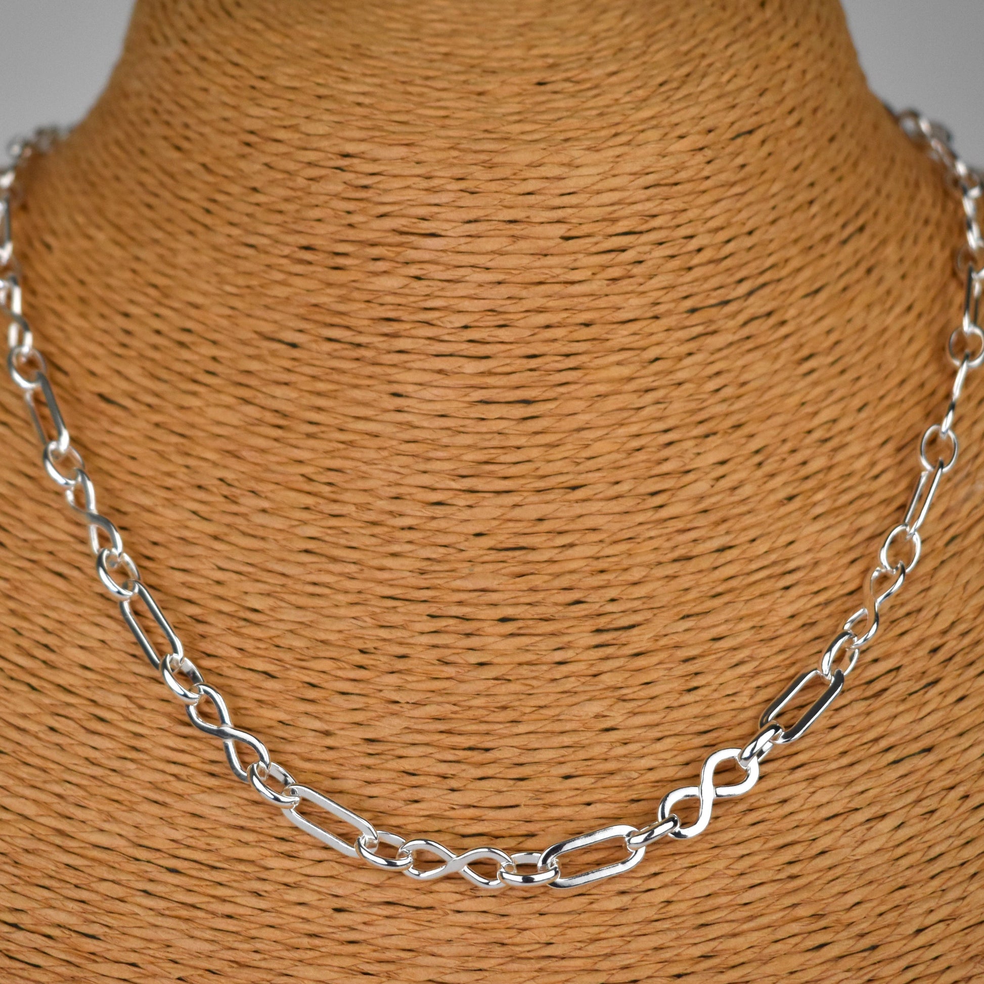 Sterling silver necklace of linked infinity symbols 