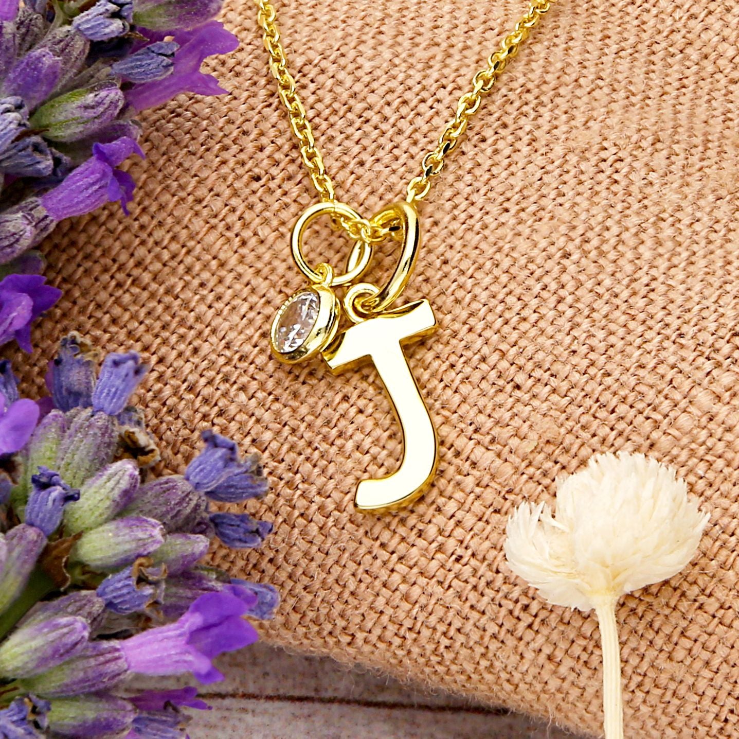 Sterling Silver Gold Plated Initial Necklace – Personalised Letter Pendant with Optional Birthstone