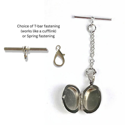 Choice of t bar or spring clasp fastening. Locket shown open for up to two photographs