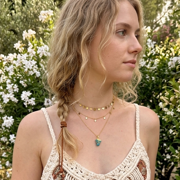 Gold necklace with a raw crystal pendant worn by model