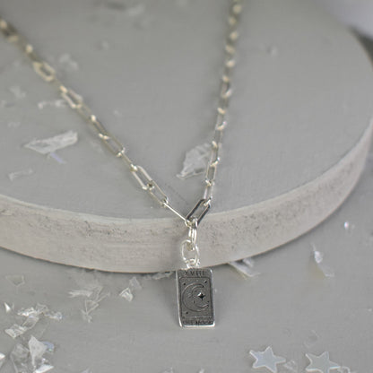 Sterling Silver Paper Clip Necklace featuring a beautiful and symbolic Moon Tarot Card pendant. 