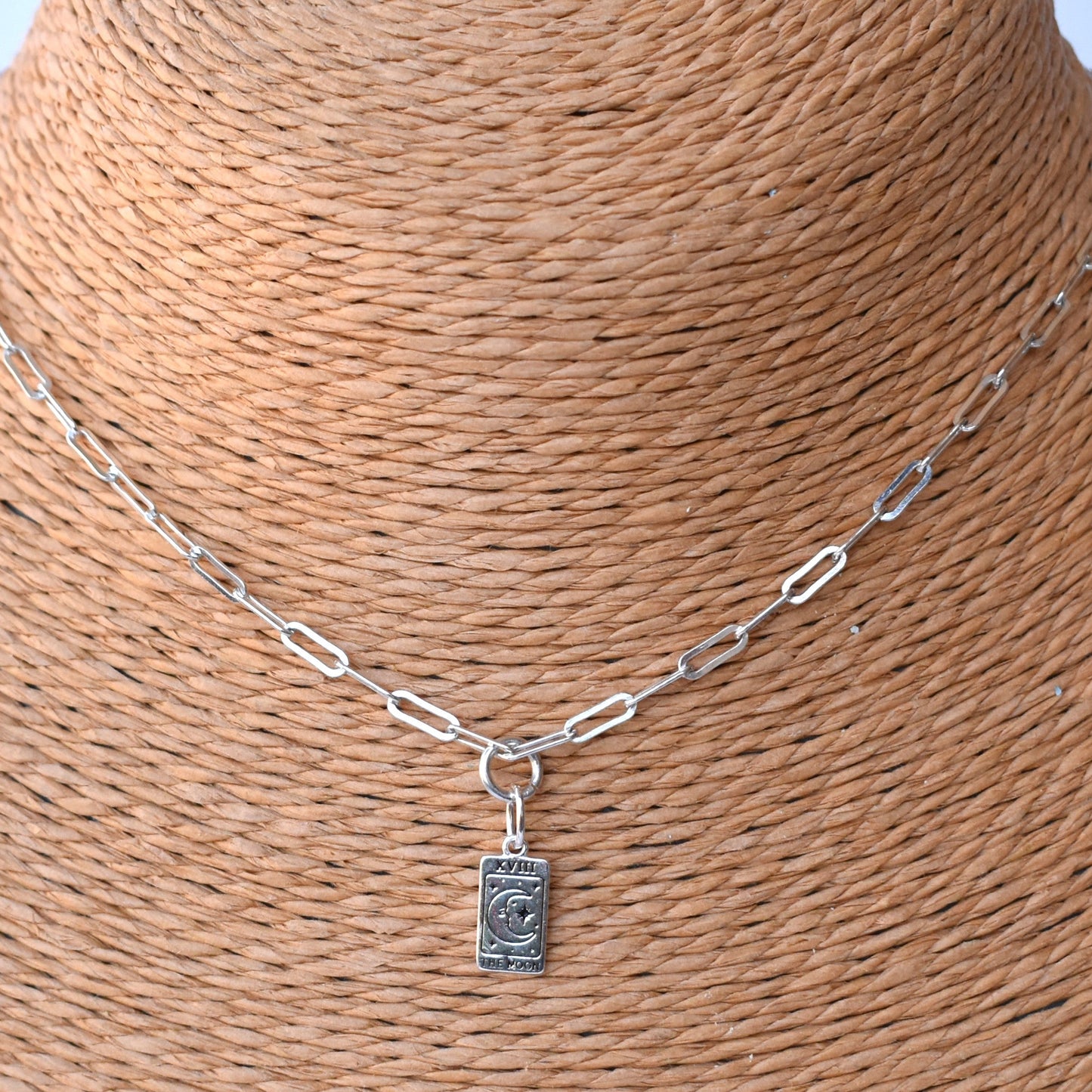 Sterling silver paper clip necklace with a sterling silver Moon Tarot Pendant