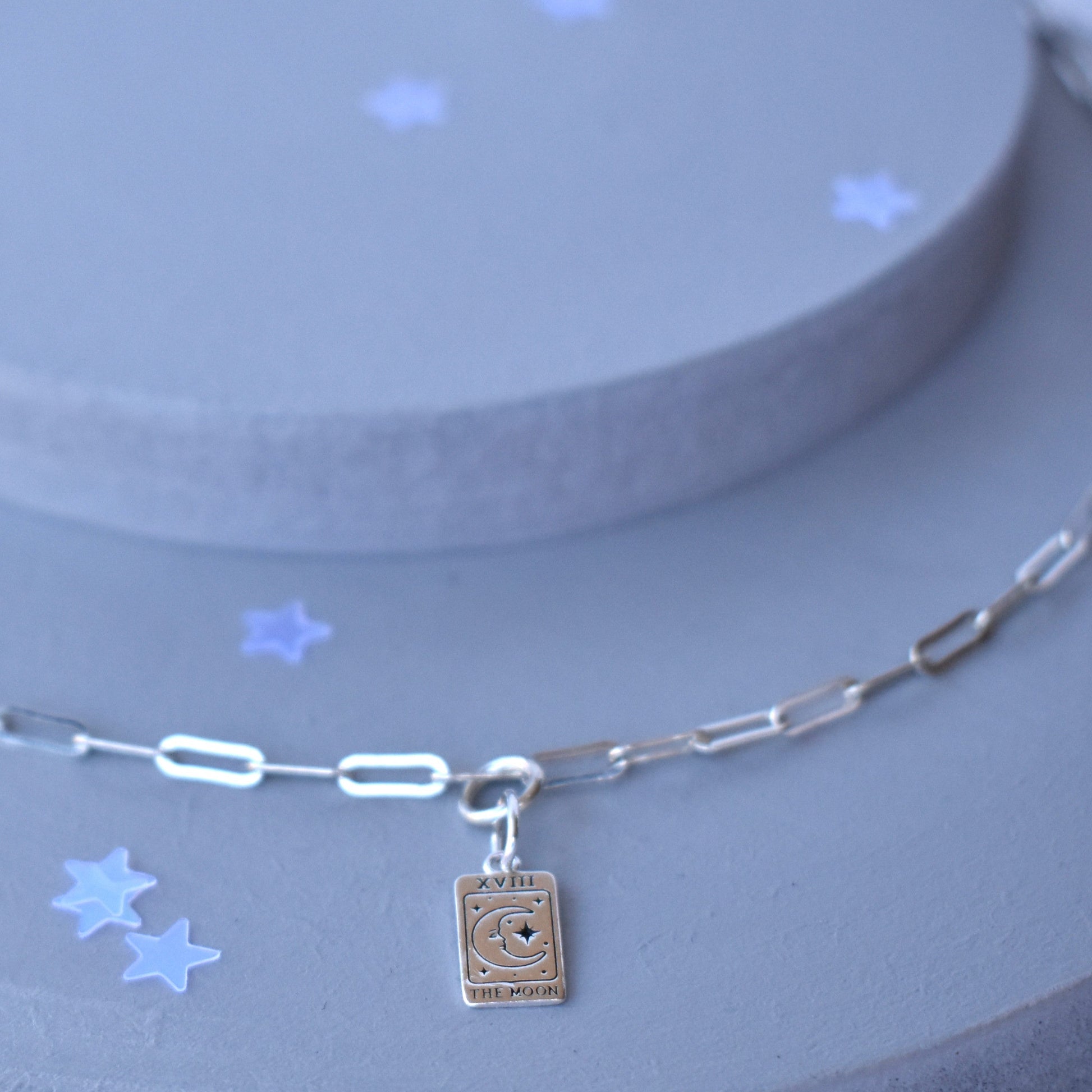 Sterling silver paper clip necklace with a sterling silver Moon Tarot Pendant