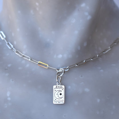 Sterling silver paper clip necklace with a sterling silver Moon Tarot Pendant