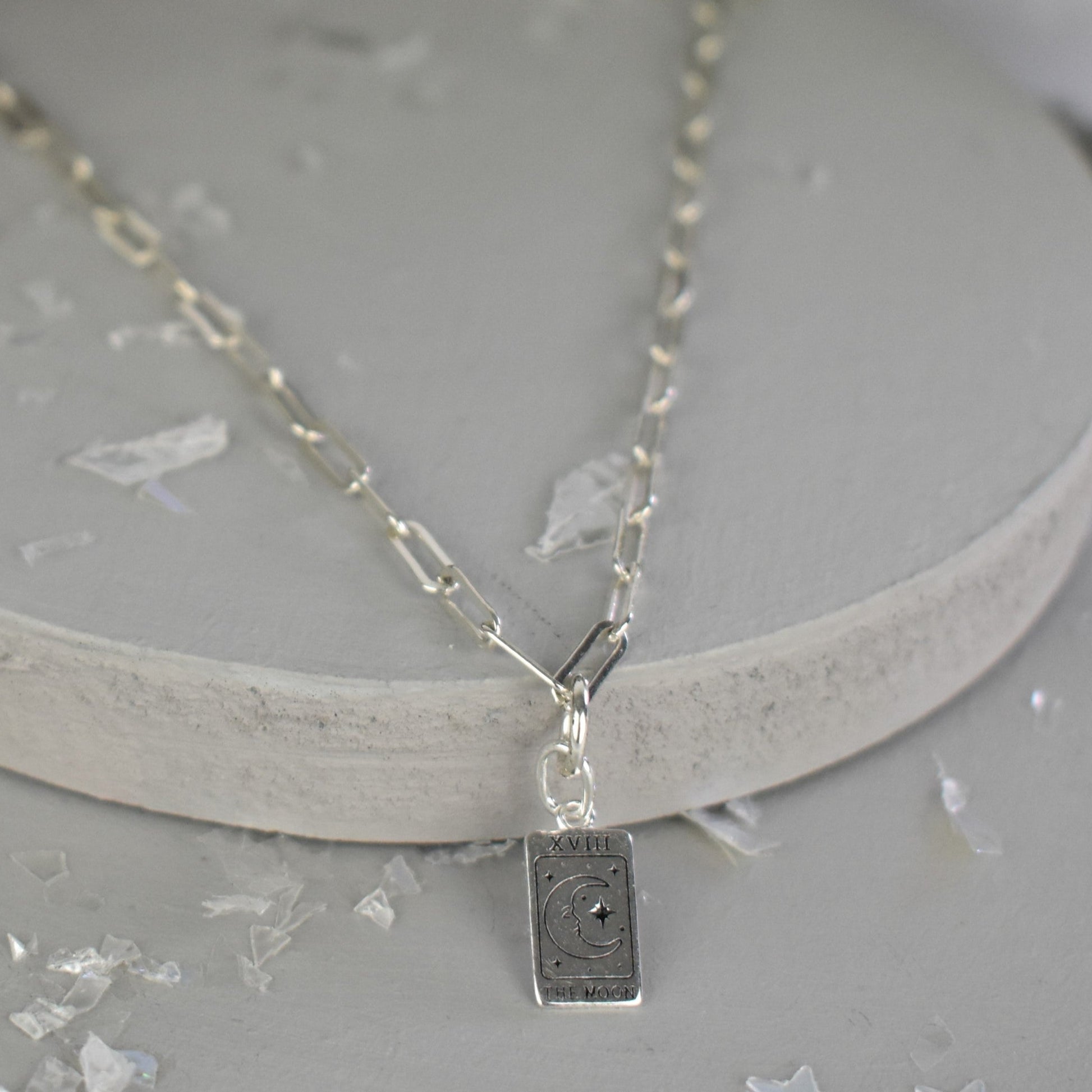 Sterling Silver Paper Clip Necklace featuring a beautiful and symbolic Moon Tarot Card pendant. 