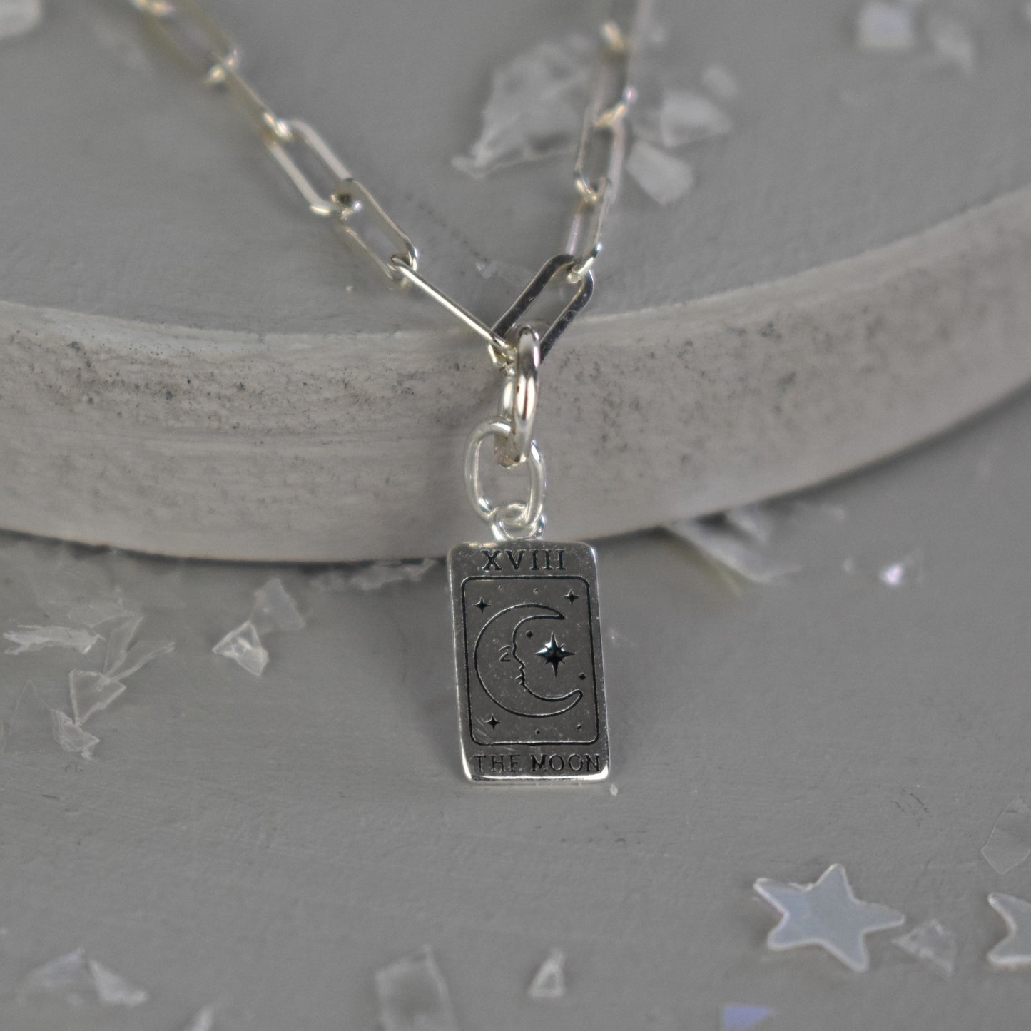 Sterling Silver Paper Clip Necklace featuring a beautiful and symbolic Moon Tarot Card pendant. 