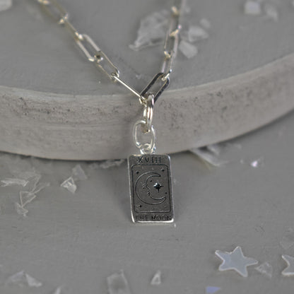 Sterling Silver Paper Clip Necklace featuring a beautiful and symbolic Moon Tarot Card pendant. 