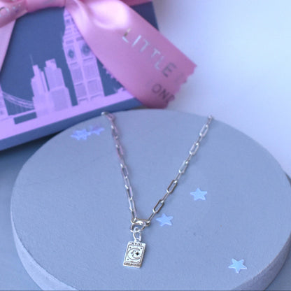 Sterling silver paper clip necklace with a sterling silver Moon Tarot Pendant with gift box option