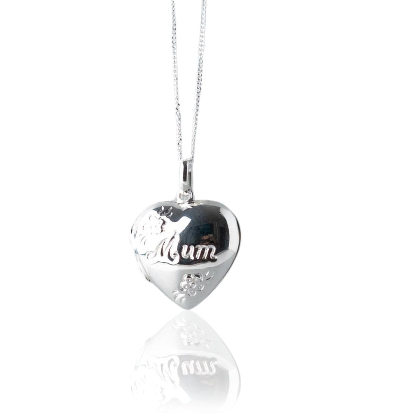 Heart shaped photo locket features delicate flowers engraved on the front, along with Mum. Crafted from high-quality sterling silver, it comes with a 16-18 inch extendable chain