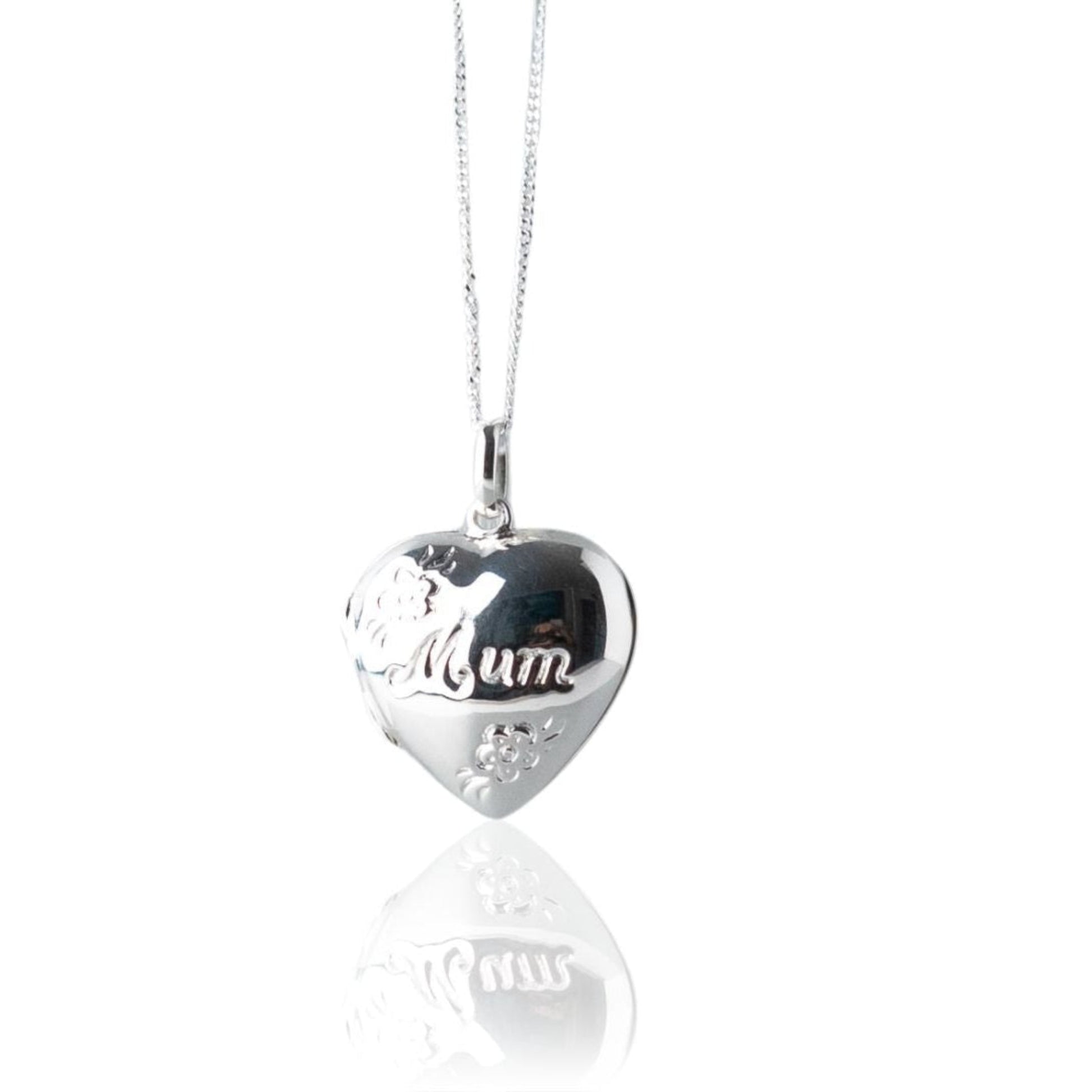 Heart shaped photo locket features delicate flowers engraved on the front, along with Mum. Crafted from high-quality sterling silver, it comes with a 16-18 inch extendable chain