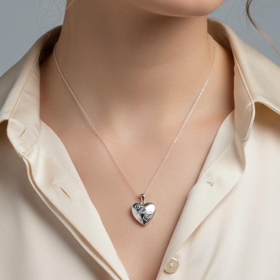 Model wears Engraved Mum heart shape photo locket