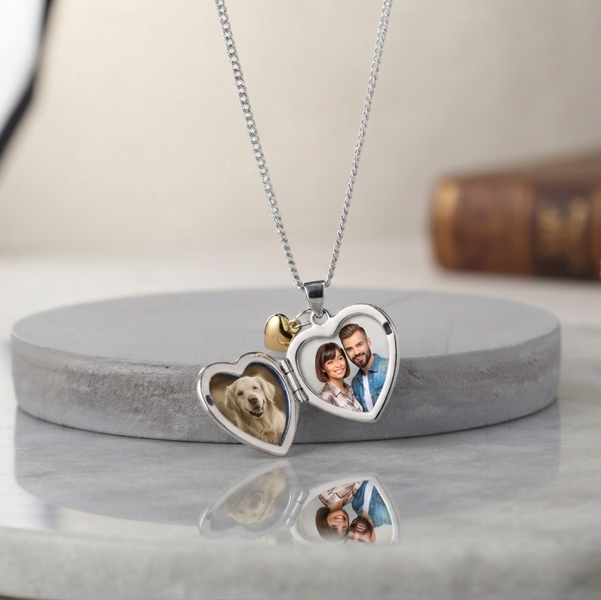 Personalised Sterling Silver & Gold Plated Diamond Heart Locket Necklace features a small inset diamond shown open with apertures for two photographs
