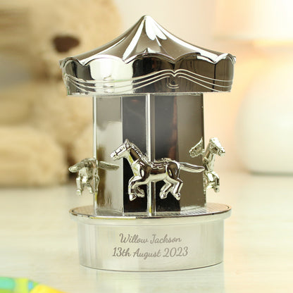 Silver plated carousel ornament with space for your own message at the bottom of the carousel.